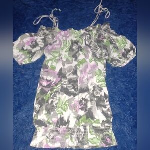Energie Girls Off-Shoulder Floral Dress — White, Green & Lavender